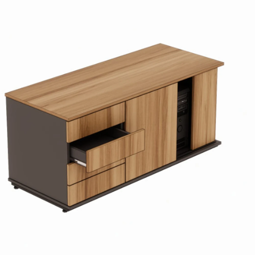 Armário credenza com 4 gavetas e nicho para CPU com porta de correr Level